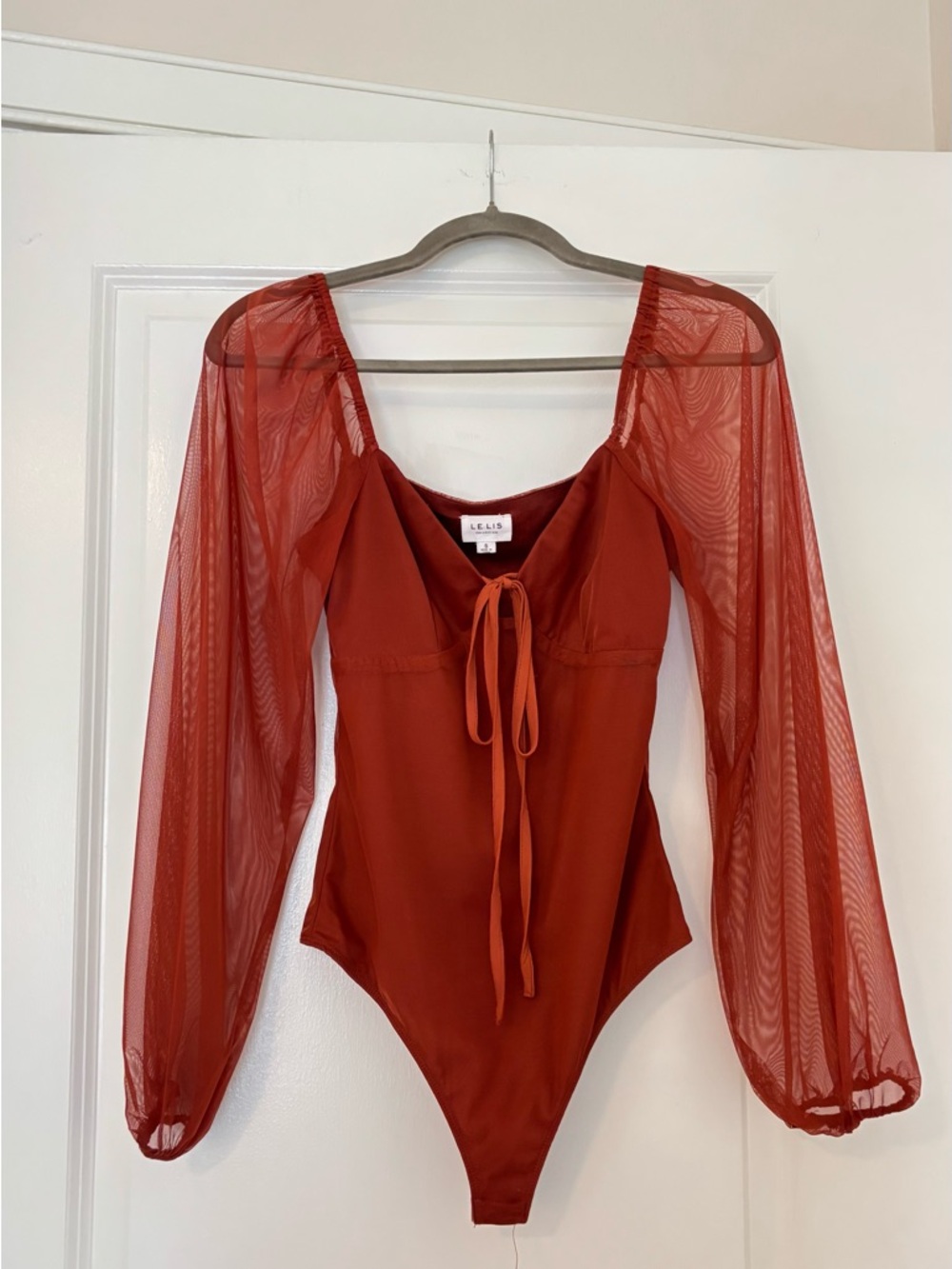 Rust Red Mesh-Sleeve Bodysuit Bow Tie